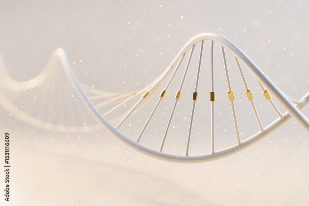 Aufkleber Abstract DNA double helix structure with golden connectors on soft light background representing modern science and genetic innovation concept.