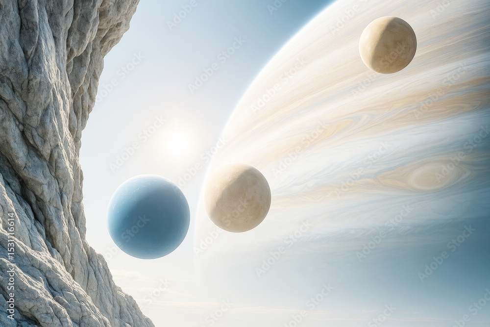 Poster abstract sci-fi scene of rocky cliff with floating planets and large gas giant in cosmic background 