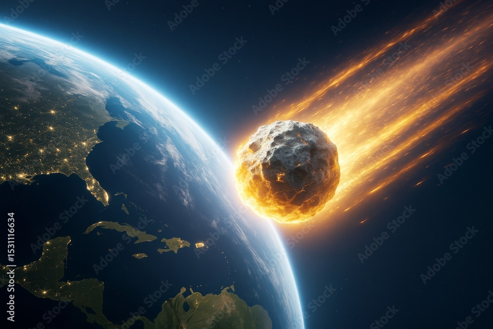 Poster fiery meteor entering earth's atmosphere with glowing light trail over dark space background, symbol