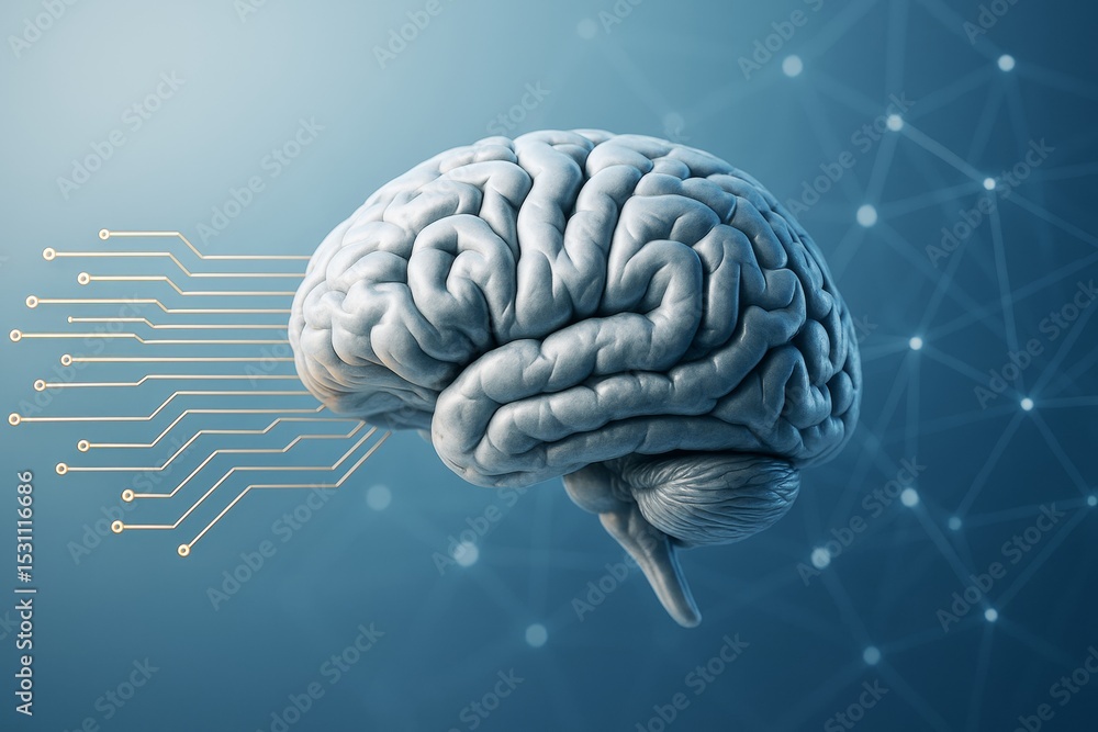 Poster Human brain connected to digital neural interface on abstract blue background, symbolizing artificial intelligence and technology integration.