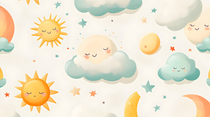 diseño de fondo con dibujos decorativos infantiles con nubes soles estrellas y lunas para decorar una tarjeta adorable para niños o bebes plantilla con diseño