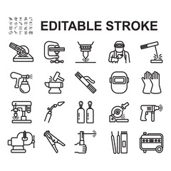 Welding repair icon set. Thin line style vector. Contains icons such as cutting with grinder, drilling, welding and more.