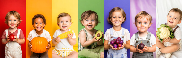 Rainbow principle baby nutrition concept. Varied and complete nutrition for children. Collage of different kid holding varios of multicolored fruit and vegetable sorted by rainbow colors