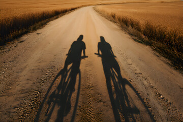 Two cyclists riding on a dirt road at golden hour, projecting long shadows