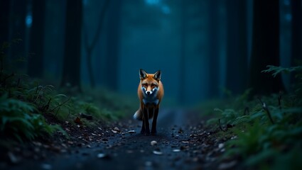 Naklejka premium A red fox moves silently along a forest path lit only by the stars, its fur glowing softly in the night air.
