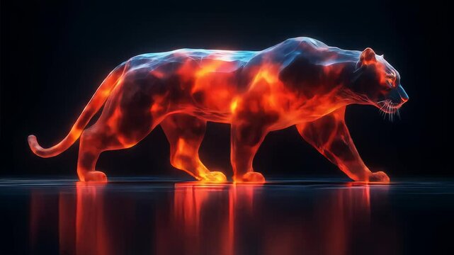 Radiant tiger Fire-colored, glowing form walks with elegant grace over the dark