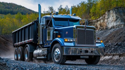A blue dump truck driving through a rocky, mountainous landscape with a forested area in the background.