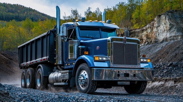 A blue dump truck driving through a rocky, mountainous landscape with a forested area in the background.