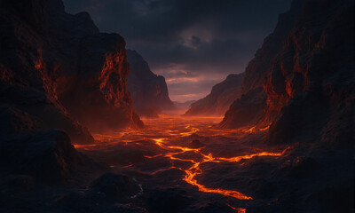 Fototapeta premium Red glowing lava flowing through canyon