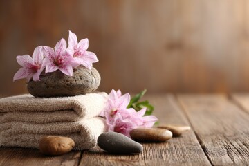 Spa Stones and Flowers Arranged With Hot Towel on a Wooden Table Promoting Relaxation and Wellness