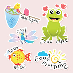 a set of summer stickers with cute animals and insects and inscriptions 