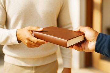 Close-up of two people exchanging a brown hardcover book with warm light and soft background in a creative concept of sharing knowledge and education.