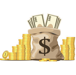 illustration of money bag full dollar and gold coin,