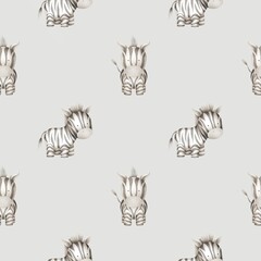 Watercolor zebra faces pattern on pastel gray background