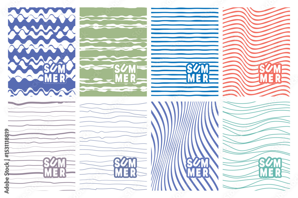 Poster summer themed wavy line vector pattern backgrounds set of eight different colors design.