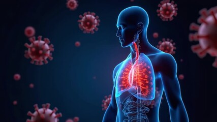 A human body scan with lungs affected by viruses for science medical concepts or healthcare illustrations to visualize respiratory illness and treatments. - Powered by Adobe