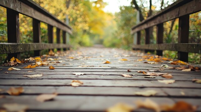 A wooden bridge with yellow leaves in a forest setting.
