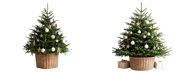 Minimalist Scandinavian-style Christmas tree with neutral ornaments, isolated on Transparent Background PNG