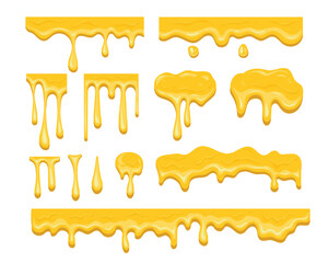 Honey flowing and dripping set. Dripping golden delicious honey flows