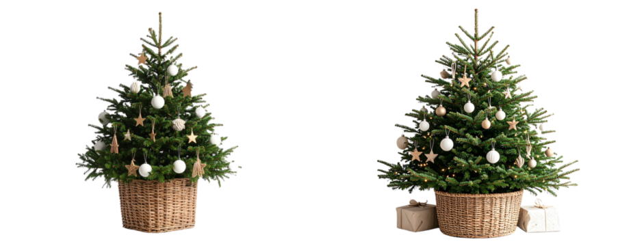 Minimalist Scandinavian-style Christmas tree with neutral ornaments, isolated on Transparent Background PNG