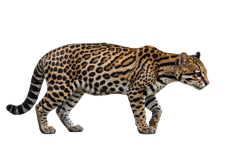 Isolated Striking Ocelot Walking Side Profile
