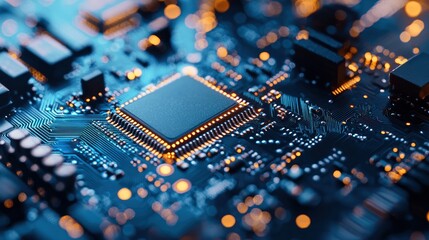 Obraz premium A close-up of a computer chip on a circuit board with a blue and orange glow.