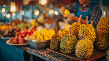 Thai vendor preparing fresh durian on street food market.