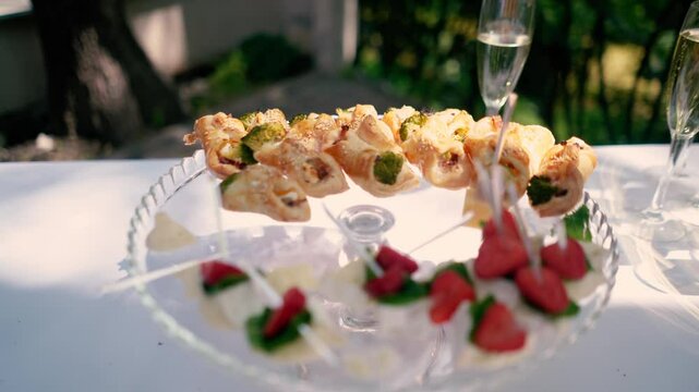 Sweet croissants with filling and strawberries at a festive dessert buffet. Banquet table at the event and holiday. Confectionery sweets close-up