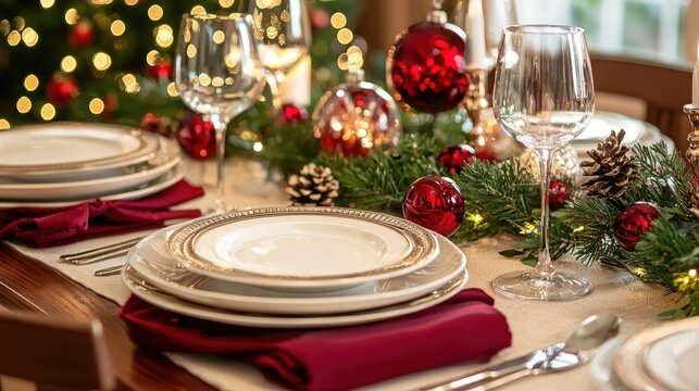 A beautifully set Christmas table with red and gold ornaments, pine cones, and a festive atmosphere.