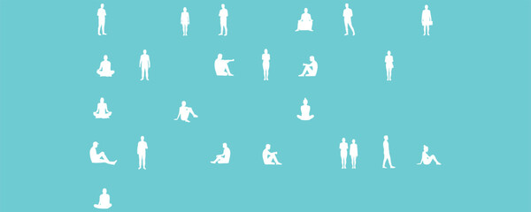 Extensive Collection of People Silhouettes Vector Illustration Set, Various Poses, Standing, Sitting, and Everyday Life Figures for Architectural and Design Projects