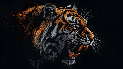 Roaring tiger portrait in dramatic lighting.