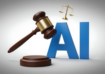 Gavel with scales of justice and blue ai letters symbolizing legal aspects of artificial intelligence