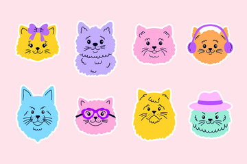Collection of  stickers with cat faces in doodle  style on pink background.