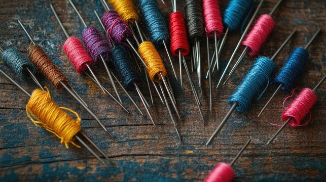 Colorful thread spools on wooden surface