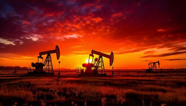 Night scene with silhouetted oil pumpjacks operating under red sunset ligh, casting a mystical light over the industrial landscape in a field. Contrast between nature and energy production