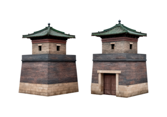 Ancient chinese watchtower with green tile roof and brick walls on transparent background, PNG