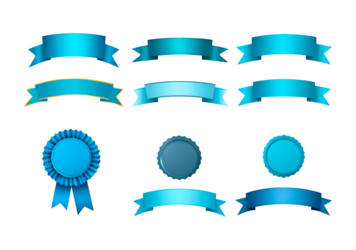 Set of blue ribbons and badges collection with elegant designs on transparent background, PNG