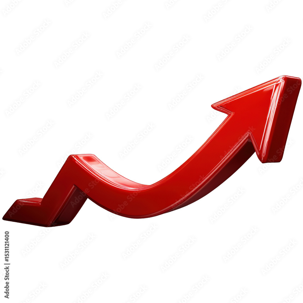 Poster a shiny red 3d arrow with a zigzag shape pointing upward, symbolizing growth, progress, or increase.