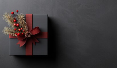Minimalist black gift box with dark red ribbon and winter pine decor, angled presentation on flat gray background for elegant commercial product promotion