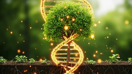 A tree growing from the ground with a dna helix around it and small plants surrounding the base of it - Powered by Adobe