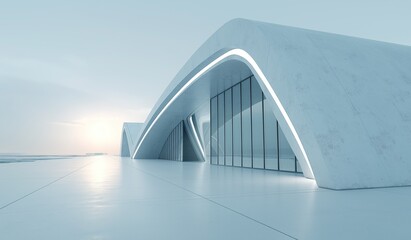 Fototapeta premium Futuristic arched-roof building with white concrete walls and glass windows, minimalist design against sunrise sky