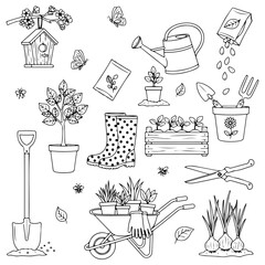 Line drawing set of various gardening doodles, including tools and plants, watering can, shovel, boots, seeds. vector illustration