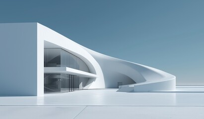 Fototapeta premium Minimalist white building with curved walls in high-resolution rendering, set against pure sky blue background