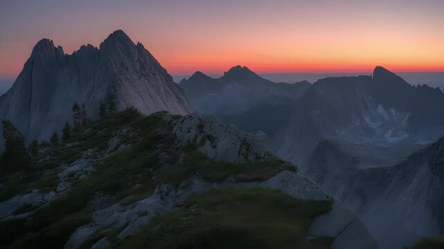 Hiker Standing on Mountain Ridge During Sunset with Distant Peaks and Colorful Sky
