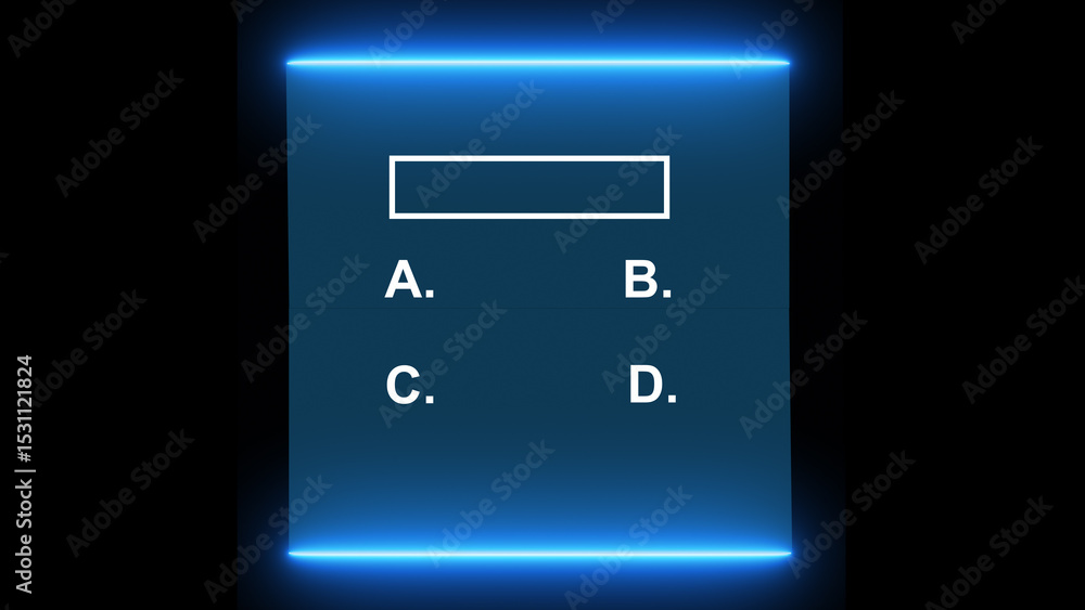 Poster neon light rectangle frame, quiz template challenge with option selection isolated on black backgrou