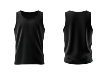 Black sleeveless tank top front and back view on transparent background, PNG