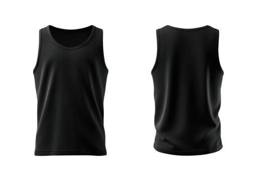 Black sleeveless tank top front and back view on transparent background, PNG