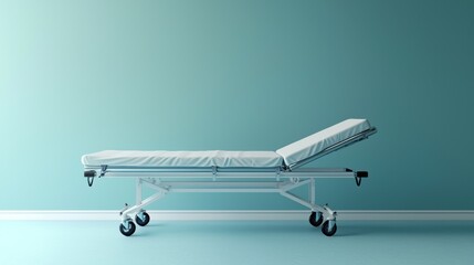 A hospital bed with a blue wall in the background.
