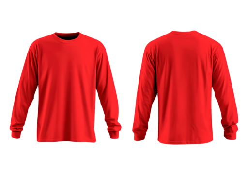Front and back view of red long sleeve on transparent background, PNG