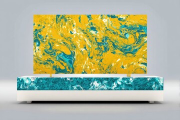 Abstract display panel with vibrant yellow and teal marbling